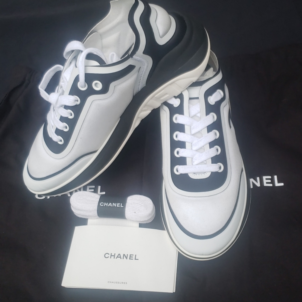 CHANEL CC LOGO LYCRA WHITE & BLACK SNEAKERS 37.5